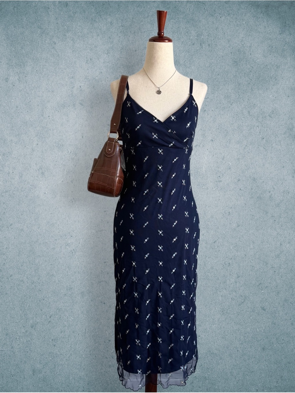 navy blue floral midi dress - size s
